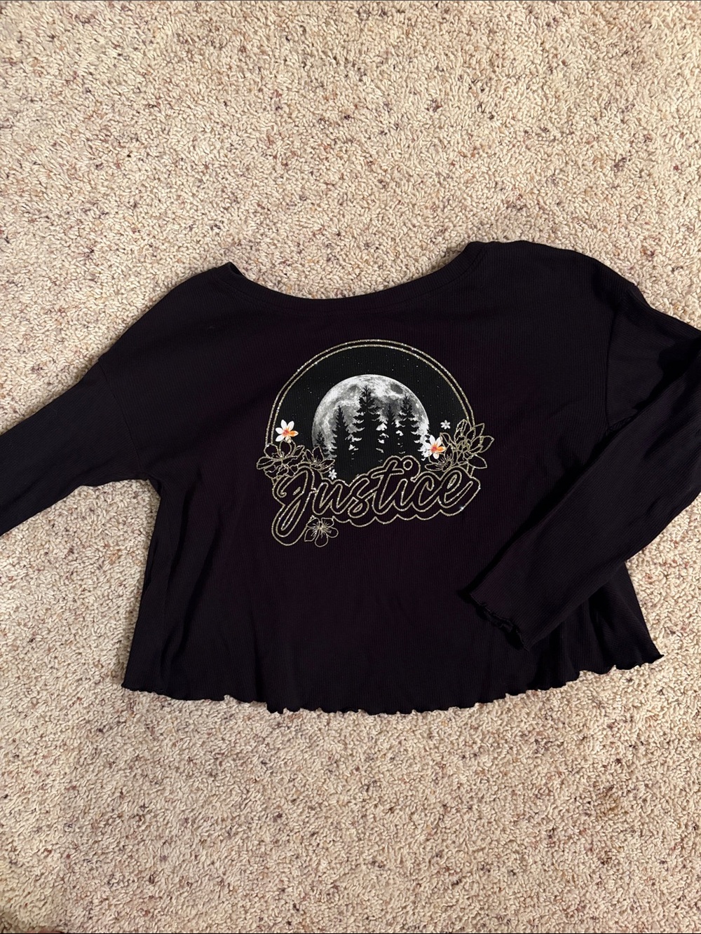 Kids Justice Black Long Sleeve Crop Top with Moon & Forest Graphic